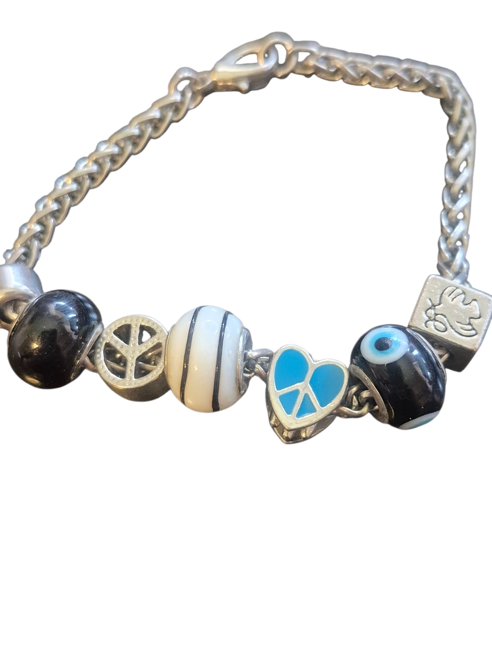 Silver-Tone Peace Charm Bracelet with Blue Heart Accent